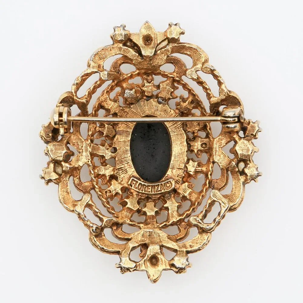 Vintage Florenza Victorian‎ Gothic Revival Black Stone Faux Pearl Brooch 1960s